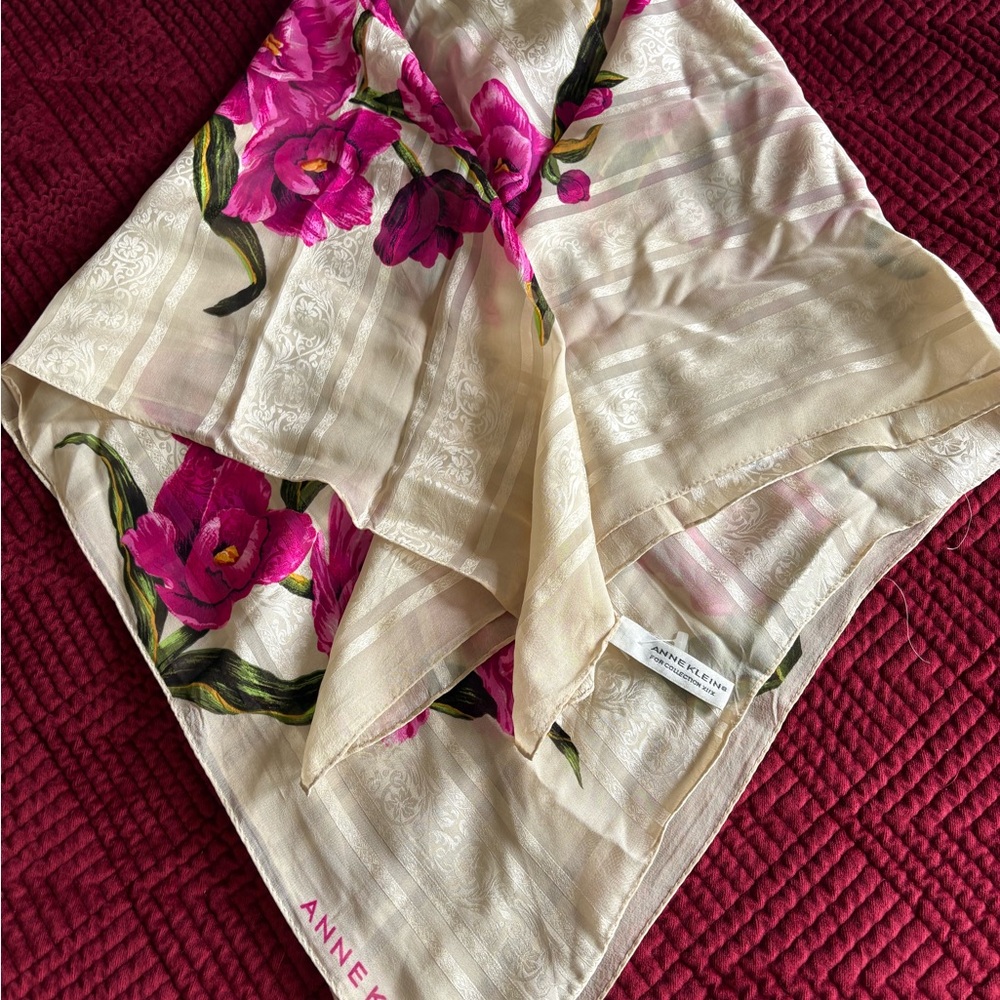 Anne Klein 100% Silk Cream and Pink Floral ~34” Scarf